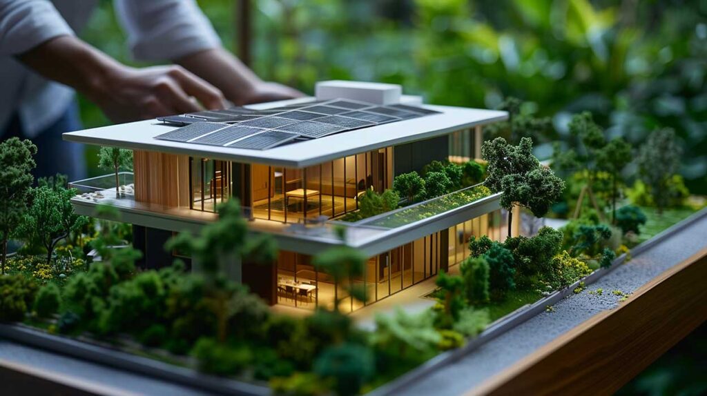 En model af et hus med solceller på