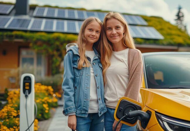 Mor og datter har lige sat elbilen til opladning. De står ude foran deres hus